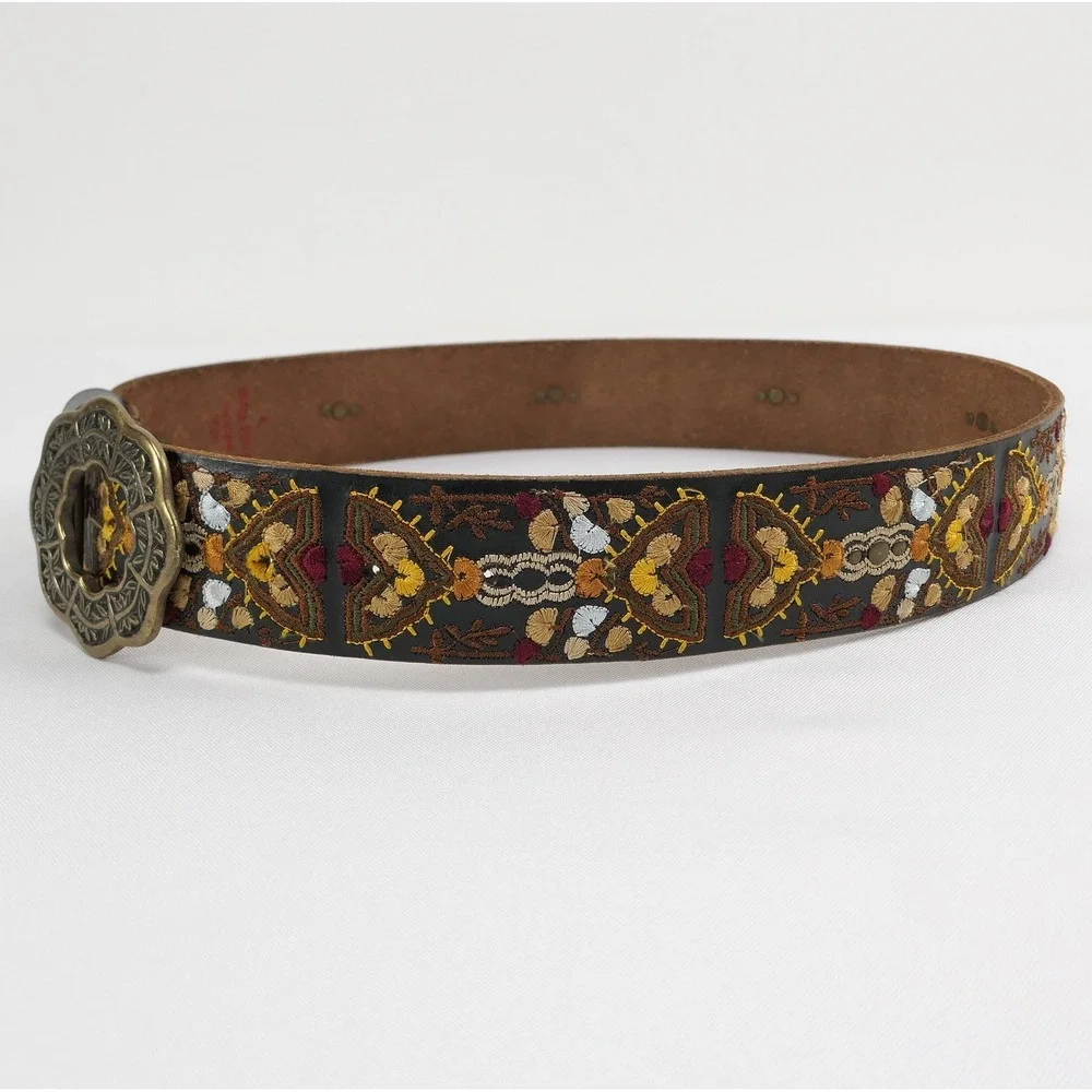Lucky Brand Womens S Brown Leather Embroidered Boho Belt Bronze Buckle 29 31 33